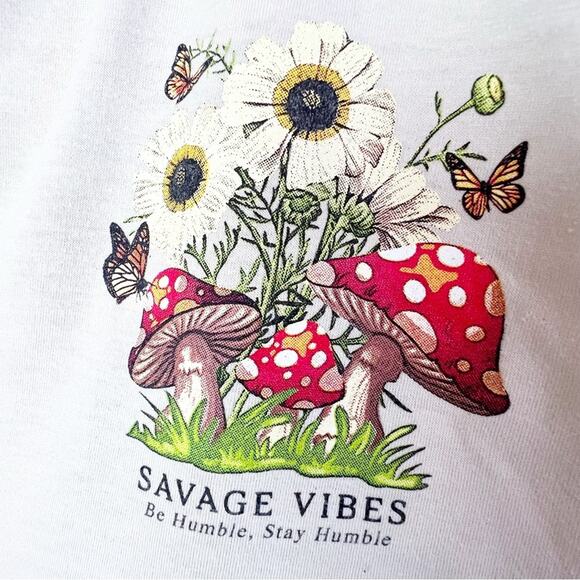 Weekend Warriors Tan Savage Vibes Mushroom Botanical Crop Tee Shirt Women Size L - Picture 4 of 13